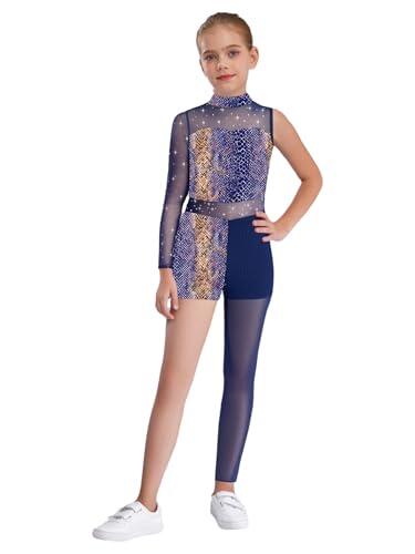 Nyeemya Mono de Baile Leotardo Gimnasia Rítmica Niña Traje de Manga Completa de un Hombro con Estampado Maillot de Patinaje Mono Deportivo Piel de serpiente azul 11-12 años