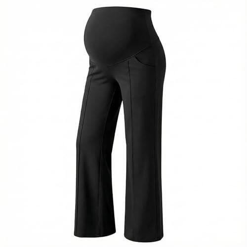 Zidoley Pantalones de Maternidad de Pierna Ancha para Mujer, Cómodos Pantalones de Maternidad de Estilo Casual Palazzo Suaves con Bolsillos (Corte Ancho, XL, Negro)