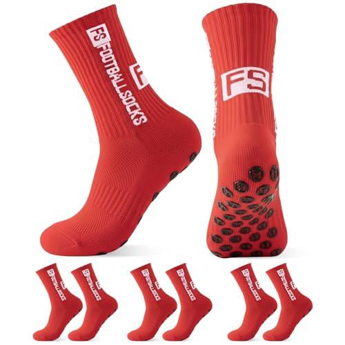 Yanrunce 3 Pares Calcetines de Fútbol Antideslizantes, calcetines futbol, calcetines antideslizantes hombre, calcetines antideslizantes, Calcetines Deportivos con Grip para Hombre y Mujer (Rojo)