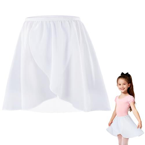 DiULi Falda de Danza Ballet para Niña, Falda Corta Gasa de Baile, Faldas Cruzada de Ballet, Faldas de Bailarina Niñas con Cintura Elástica para Patinaje Artístico, Gimnasia y Latino (Blanco - Talla S)