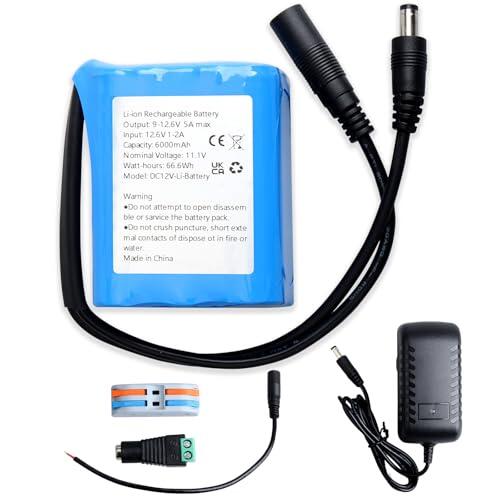 Batería recargable de iones de litio de 6000 mAh, 12 V, adecuada para cámara, reproductor de MP3, videocámara, teclado electrónico, cámara CCTV, router, panel solar, etc. (incluye cargador y conector)
