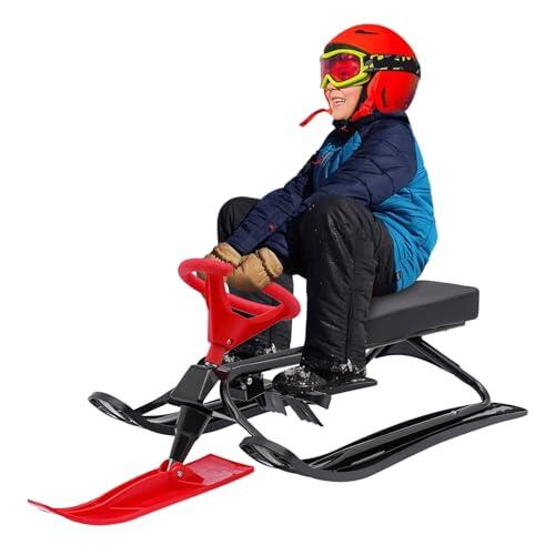 Snow Racer Sled 114 × 50 × 38 cm, trineo de nieve con volante y frenos dobles, superficie antideslizante robusta, para niños y adultos, 100 kg (negro y rojo)