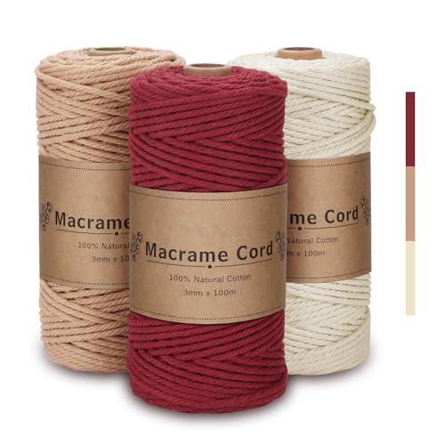 Hilo Macrame 3mm x 100m, Juego de 3 Cuerdas de Algodón en Beige, Nude y Borgoña | 300m Total para Manualidades, Tapices y Decoración Bohemia