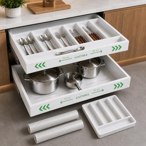 GASTROTOMI, Set de 2 Cajones Extraibles para Cocina de 42 cm de Fondo + 1 Cubertero + 2 Tapetes Antideslizantes - Set 2 Organizador Armario Cocina 32–52 cm, Pack Completo de Organizador Cajones Cocina