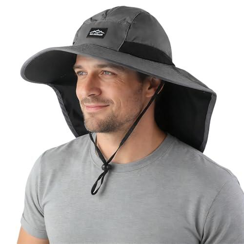 Geoyien Gorro Pescador Hombre, Sombrero Hombre Verano, Sombrero Pescador, Talla Universal, sin Distinción de Género, Alero Súper Grande, para Senderismo, Ciclismo, Playa, Pesca (Gris)