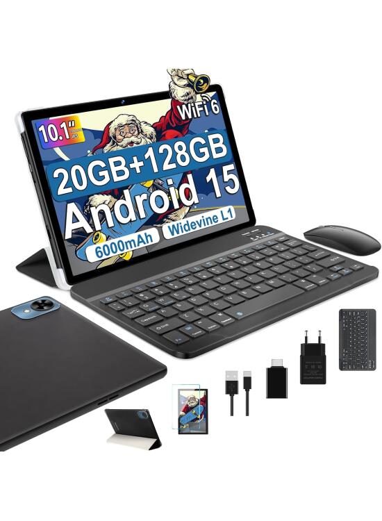 2026 Android 15 Tablet 10 Pulgadas, 20GB RAM + 128GB ROM (TF/1TB),Tableta Octa-Core/Widevine L1/WiFi6&BT5.0/6000mAh, 8+5MP/1280 * 800 IPS,ratón,Tablet con Funda y Teclado-Negro