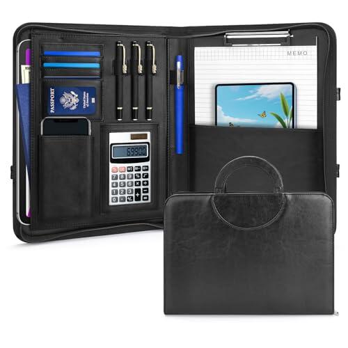 Cartera de negocios de cuero con cremallera A4, carpeta multicapa de 23 x 32 cm, bloc de notas y asa cómoda, organizador de negocios versátil negro para hombres y mujeres (negro)