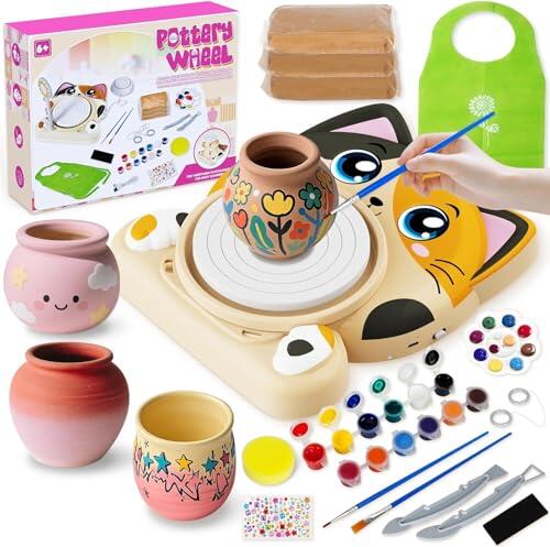 Torno Alfarero para Niños, Set Completo de Torno Ceramica para Principiantes, Kit Manualidades Creativo 6+ Años con 3 x Arcilla de Secado al Aire, Pottery Kit, Regalo para Niños y Niñas (Motivo Gato)