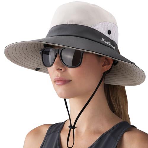 DRESHOW Mujer Sol Sombrero Al aire Libre UV Protección Sombrero Plegable Ala Ancha Pesca Ponytail Playa Bucket Sombreros con Gafas