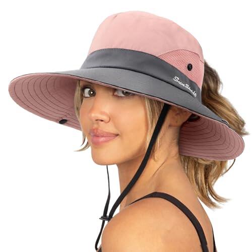 DRESHOW Mujer Sol Sombrero Al aire Libre UV Protección Sombrero Plegable Ala Ancha Pesca Ponytail Playa Bucket Sombreros
