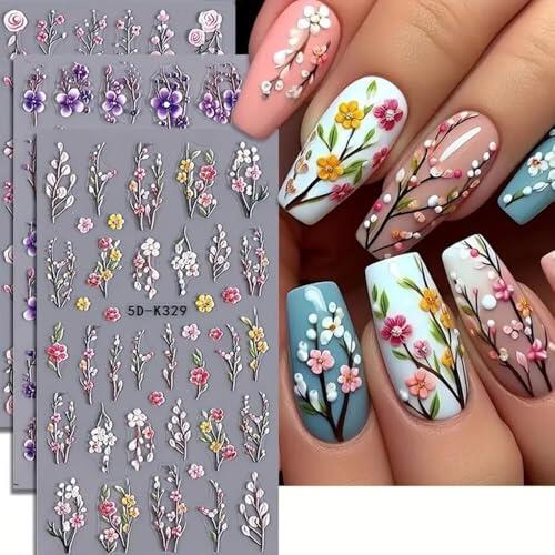 3 Hojas Pegatinas para Uñas Flore, Pegatinas de Flores para Uñas, 3D Nail Art Stickers, Pegatinass Flores para Uñass, Autoadhesivo Pegatinass Uñass Flore para Mujeres Niñas DIY Manicura (C)