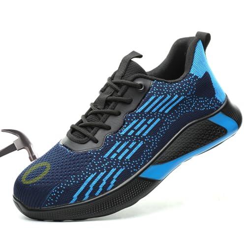 Zapatos de Seguridad para Hombre Ligero Calzado Trabajo Mujer Comodo Zapatillas de Seguridad Antideslizante con Puntera de Acero Negro Azul 39EU