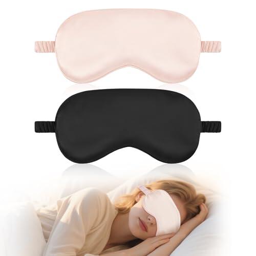 HOTUT 2 Máscaras para Dormir Suave Satén Con Correa Elástica Cómoda Máscara para De Noche Mujeres Y Hombres, Antifaz para dormir, antifaz cubierta sombra de ojos BeeVines (Negro Rosa)