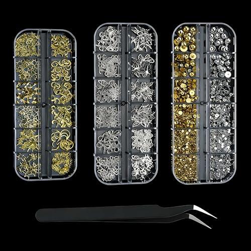 36 tipos de colgantes de uñas, 3 cajas de colgantes de clavos, 3D oro plata estrella mariposa y perlas para decoración de uñas, accesorios para decoración de uñas, decoración de uñas con pinzas para
