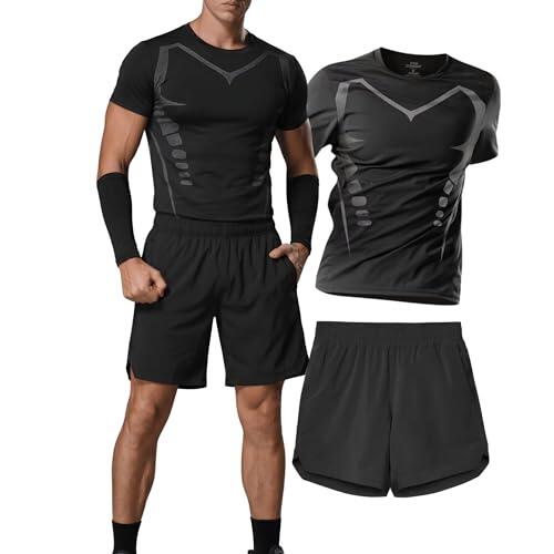 Conjunto Deportivo Hombre 2 piezas - Camisetas Deporte Hombre y Pantalones Cortos Hombre Deporte - Resistentes Transpirables y de Secado Rápido para Gym Crossfit Running y Padel (M, Negro)