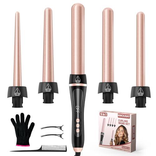 NWOUIIAY Rizador de Pelo 5 en 1 de Cerámica Temperatura Ajustable de 80 a 230 °C con Pantalla LCD Carcasas Reemplazables de 9 a 32mm Calentamiento Rápido Apagado Automático y Guantes de Protección