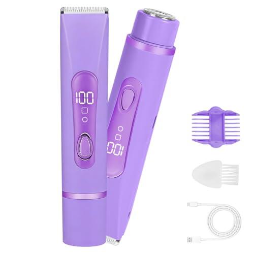 AYBUY Recargable Recortador de Bikini de Doble Cabezal, 2 en 1 Recortadora de bikini eléctrica Mujeres y Hombres, Indoloro Maquina Depilar con estación recargable USB, para axilas, cara etc, Púrpura