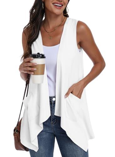 PrinStory Cárdigan de verano sin mangas para mujer, chaleco de punto ligero con bolsillos y dobladillo asimétrico, blanco, L