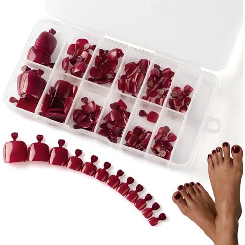 SanFangyue 120 Uñas Postizas Para Pies - Degradado Burdeos Uñas Postizas a Presión de Cobertura Total - Acrílico Francés para Mujeres y Niñas, 12 Tamaños