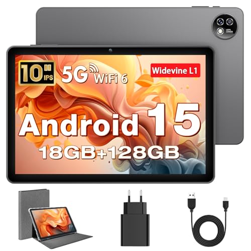 Tablet 10 Pulgadas, Tableta Android 15 con Funda, Octa-Core, 18 GB RAM + 128 GB ROM + 1 TB TF, Pantalla HD IPS 1280 x 800, Cámara Dual 5MP + 8MP, 6000 mAh, WiFi 6, BT 5.0, Widevine L1, GPS, K302