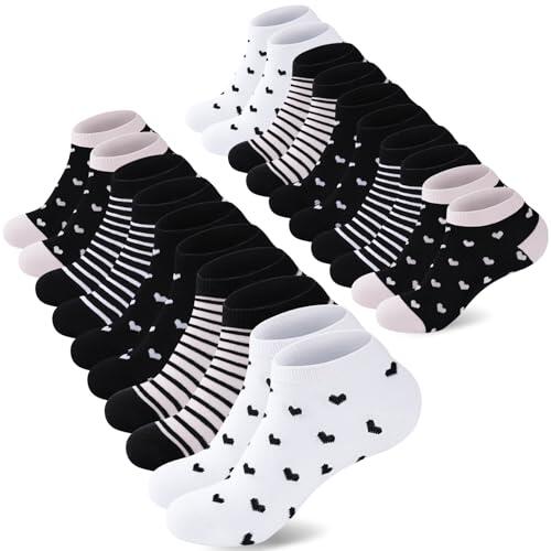 SukModen 10/20 Pares de Calcetines para Mujer Deportivos, Cortos y Transpirables de Algodón, Diseños Multicolores con Rayas, Corazones y Lunares 39-42 HEIFEN