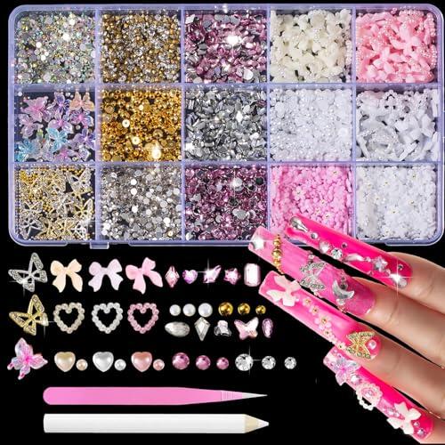 Tastetreasure Juego de 3000 piezas de diamantes de imitación y colgantes 3D, mezcla de resina, mariposas, flores, lazos y piedras preciosas, incluye pinzas y lápiz de cera, kit de manualidades para