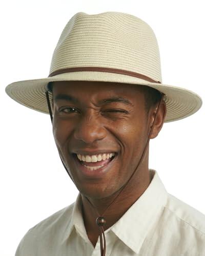 Zylioo Sombrero Panamá de paja XXL XL para cabezas grandes, sombrero de verano UV M S con correa para la barbilla, caja de regalo para viajes en la playa y al aire libre, Beige cubano, XL/XXL