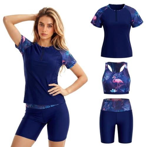 Owntop Conjunto de traje de baño de 3 piezas para mujer, con protección solar UPF 50+, camiseta de manga corta con sujetador incorporado y braguita con pantalones cortos de natación hasta la rodilla
