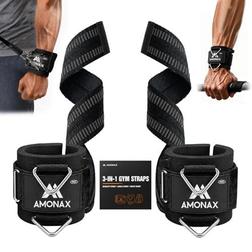 Amonax Correas de levantamiento de pesas 3 en 1, correas de tobillo para máquinas de cable, pulseras de gimnasio acolchadas para máquinas de cables, correas de fitness con anillo en D triangular y