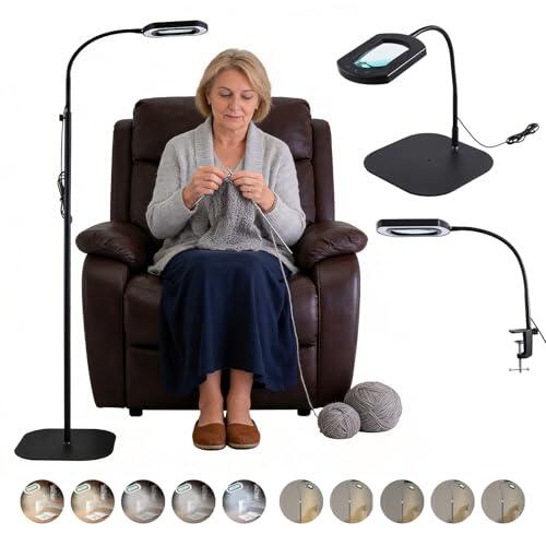 10 lupas de cristal auténticas con luz y soporte, 24 pulgadas, lupa flexible de cuello de cisne, lámpara de pie, 5 modos de color, regulable sin niveles, 3 en 1, lámpara de aumento LED, manos libres