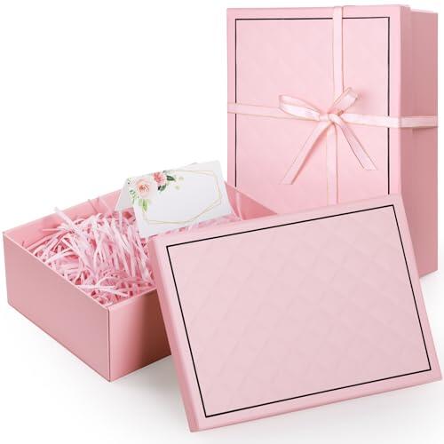 Wyngee Caja Regalo CumpleañOs, 25 * 18 * 8.5cm Caja Plegable Con Lazo De Cinta, Relleno De Tarjeta De Papel, Elegante Empaque De Regalo Retro Para CumpleañOs/Navidad/Bodas/Fiestas (Rosa)