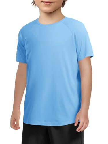 Haloumoning Camiseta de manga corta para niños, cuello redondo, básica, de verano, de un solo color, ligera, de ajuste regular, camisetas deportivas casuales, 5-14 años, azul, 7-8 años
