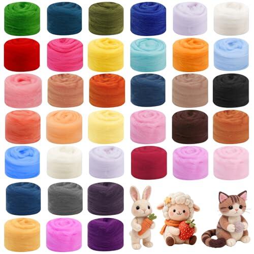 Tiusixsy 36 Colores Lana de Fieltro, 108 g Lana de Fieltro Suave, Kit DIY para Fieltrado en Seco y Húmedo, Lana Cardada para Proyectos Creativos y Manualidades, Ideal para Principiantes