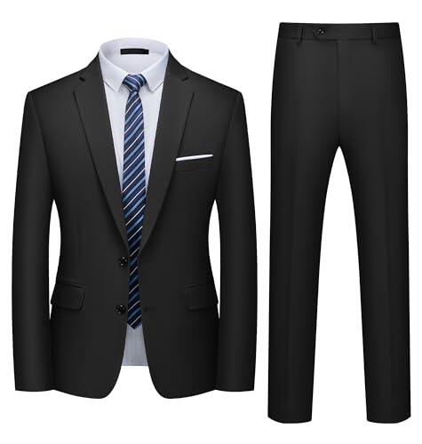 Traje Hombre 2 Piezas Slim Fit Traje Hombre Elegante 2 Botones Chaqueta Pantalón Traje Formal Business Oficina Boda Evento Fiesta Trabajo Clásico Moderno Smoking Negro L