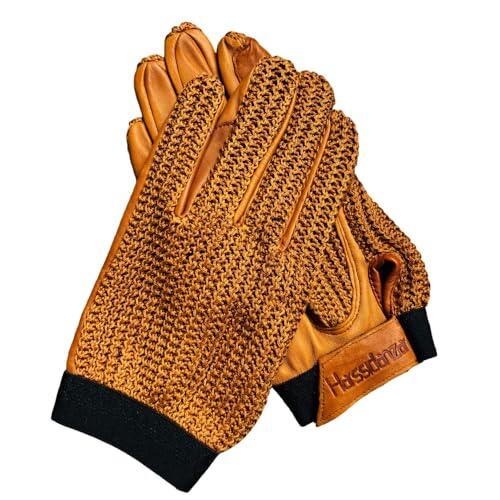 Harssidanzar Guantes de equitación de Cuero para Hombres, Guantes de equitación para Hombres con muñequera elástica Ajustable Bronceado S, DM303