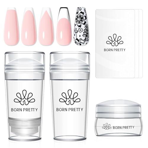 Born Pretty Stamper French - Juego de sellos de silicona largos y cortos para manicura francesa (4 unidades, 3 unidades)
