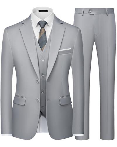 Traje Hombre 3 Piezas Slim Fit Traje Hombre Elegante 2 Botones Chaqueta Chaleco Pantalón Traje Formal Business Boda Oficina Evento Fiesta Smoking Clásico Moderno Gris Claro S