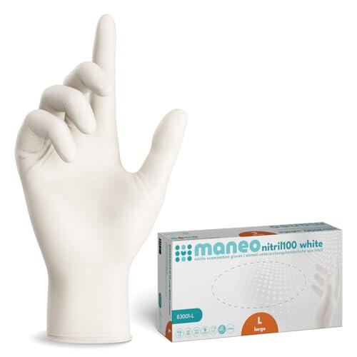 maneo 1000 guantes desechables blancos talla L, guantes de nitrilo sin polvo y sin látex, artículos de goma de un solo uso para limpieza, cocina y uso doméstico