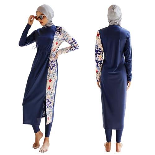 Traje de Baño Musulmán para Mujer Conjunto Conservador de Piezas con Manga Larga y Gorro de Natación (Blue, L)