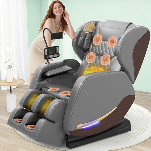 yewglen Sillón de Masaje,14 Rodillos de Masaje,Calefacción Lumbar,8 Bolsas de Aire,Altavoz Bluetooth,Controlador de Pantalla Táctil,Sillón Reclinable de Gravedad Cero para Cine en Casa (Gris Oscuro)