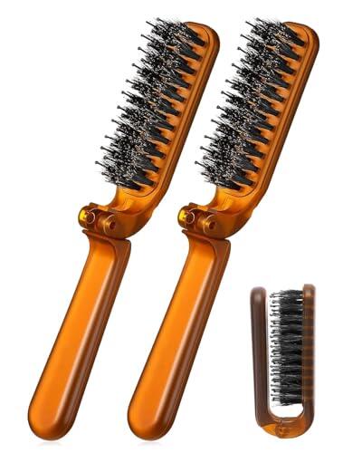 CULEB 2 Piezas Cepillo Pelo Viaje Plegable,Mini Cerdas de Jabalí Cepillo de Pelo Portátil,Herramienta de Peluquería para Hombres y Mujeres,para Cabello Rizado,Barba(Marrón)