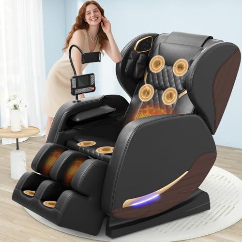 yewglen Sillón de Masaje,14 Rodillos de Masaje,Calefacción Lumbar,8 Bolsas de Aire,Altavoz Bluetooth,Controlador de Pantalla Táctil,Sillón Reclinable de Gravedad Cero para Cine en Casa (Negro)