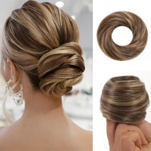Moño, cabello natural con banda elástica, moño, liga para cabello liso, extensión de cabello recogido para mujer y niña (castaño medio/rubio oscuro)