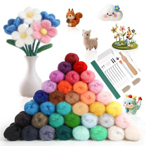 36 Colores Kit Fieltro Lana, Lana de Fieltro, 108g Oveja Natural Cardada Merino Cuento Hadas con Herramientas y Accesorios para Tejer y Húmedo Fieltrar en Húmedo, Manualidades DIY para Principiantes