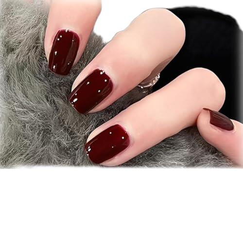 24 Unidades De Uñas Postizas Cortas Y Cuadradas - Uñas Adhesivas De Color Burdeos Liso - Uñas Artificiales Adhesivas - Uñas Artificiales De Cobertura Total Para Mujer