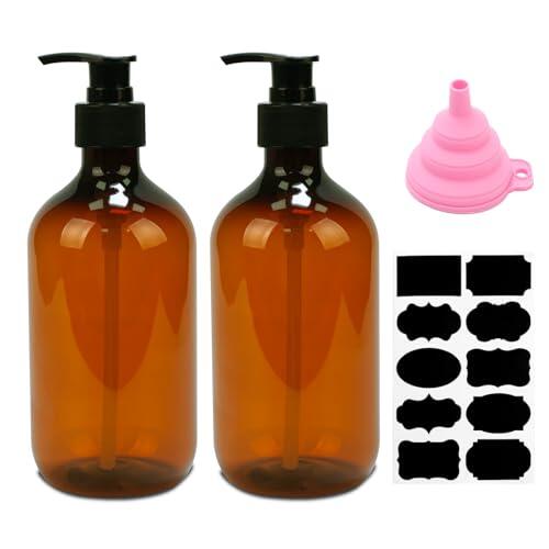 2 Pcs Dispensador Jabon Baño, 500 ML Dispensador Jabon Cocina con Bomba, Botes para Gel y Champu Ducha, Dispensador de Jabón Líquido para Cocina y Baño Champúcon Embudo y Etiquetas (marrón)