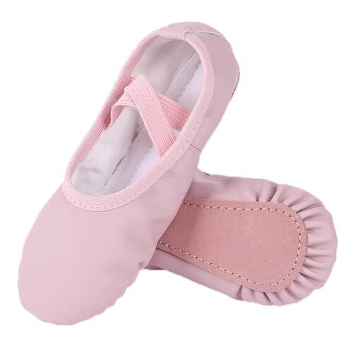 BSBUY Zapatillas Ballet Niña, Zapatillas de Danza Cuero Rosa, Suela de Cuero de Una Sola Pieza, Zapatos de Danza y Gimnasia Baile para Niña, EU 29