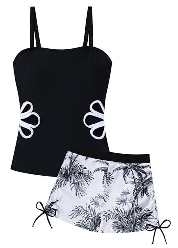 Happy Cherry Traje de baño para niña, tankini con tirante de hombro ajustable, top y shorts de baño para niños, dos piezas, ropa de baño para adolescentes, moda estampada, bañador, Negro , 9-10 años