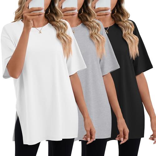 Geyoga Paquete de 3 Camisetas Deportivas extragrandes para Mujer de Manga Corta con Aberturas Laterales Cuello Redondo y Corte Holgado(Negro, Blanco, Gris,L)