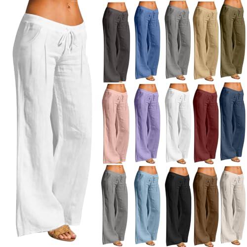 Pantalones de Lino Mujer,Algodón y Lino Pantalones Mujer Primavera Verano Cintura Elástica con Cordón Pantalon Chandal de Pierna Ancha Rectos Cómodo Transpirable Pantalón Largo de Playa